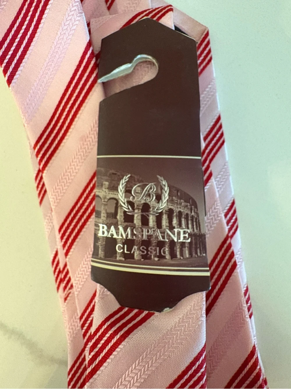 BAMSPANE Classic Men’s Necktie Pink Red White Striped Herringbone Texture NWT